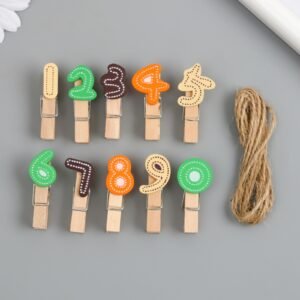 10-Piece Decorative Numbered Wooden Craft Clips with Jute Twine