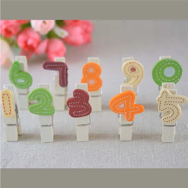 10-Piece Decorative Numbered Wooden Craft Clips with Jute Twine - Image 2